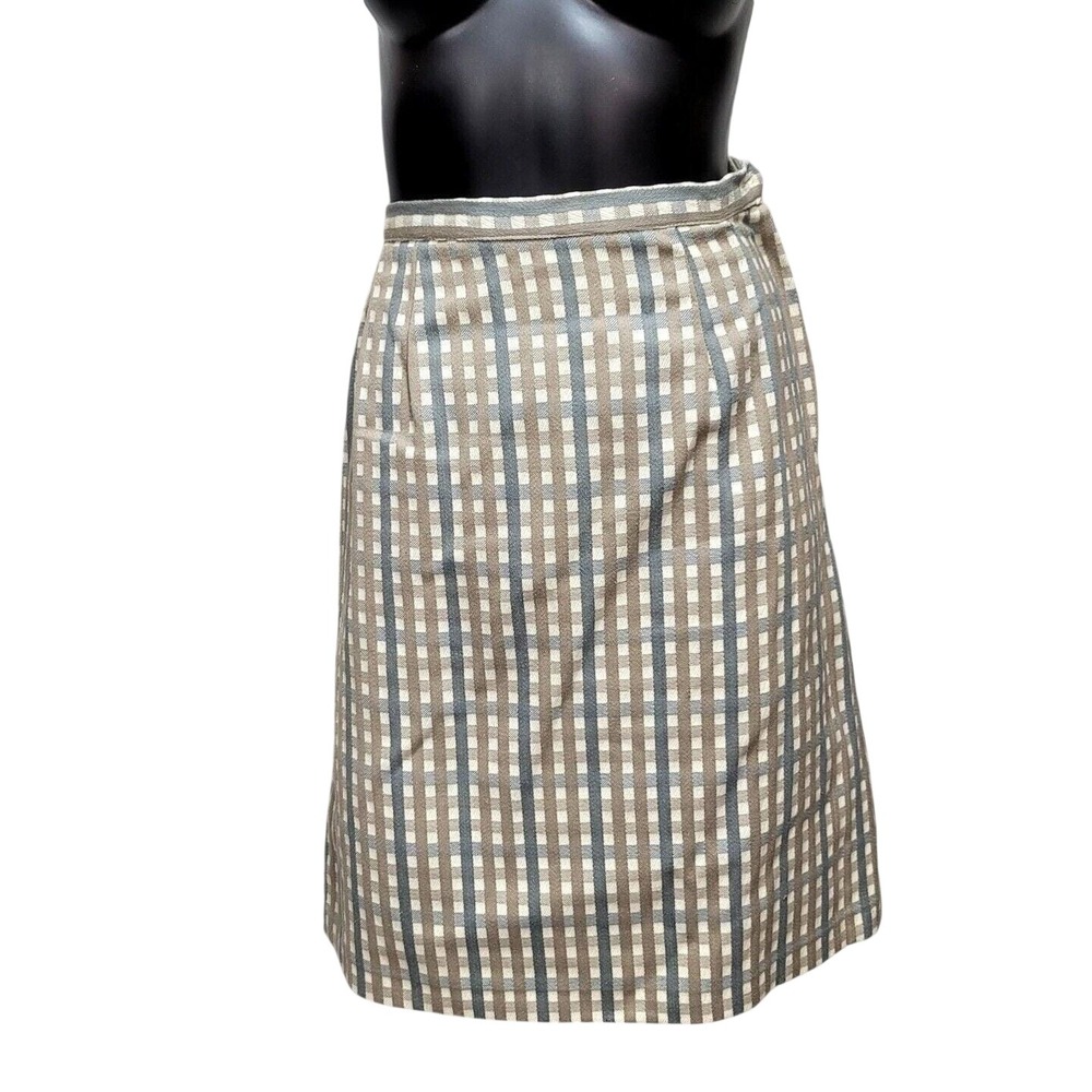 Vintage Gingham High Waisted Pencil Skirt Tan Blue Check Knee Length Tailored XS